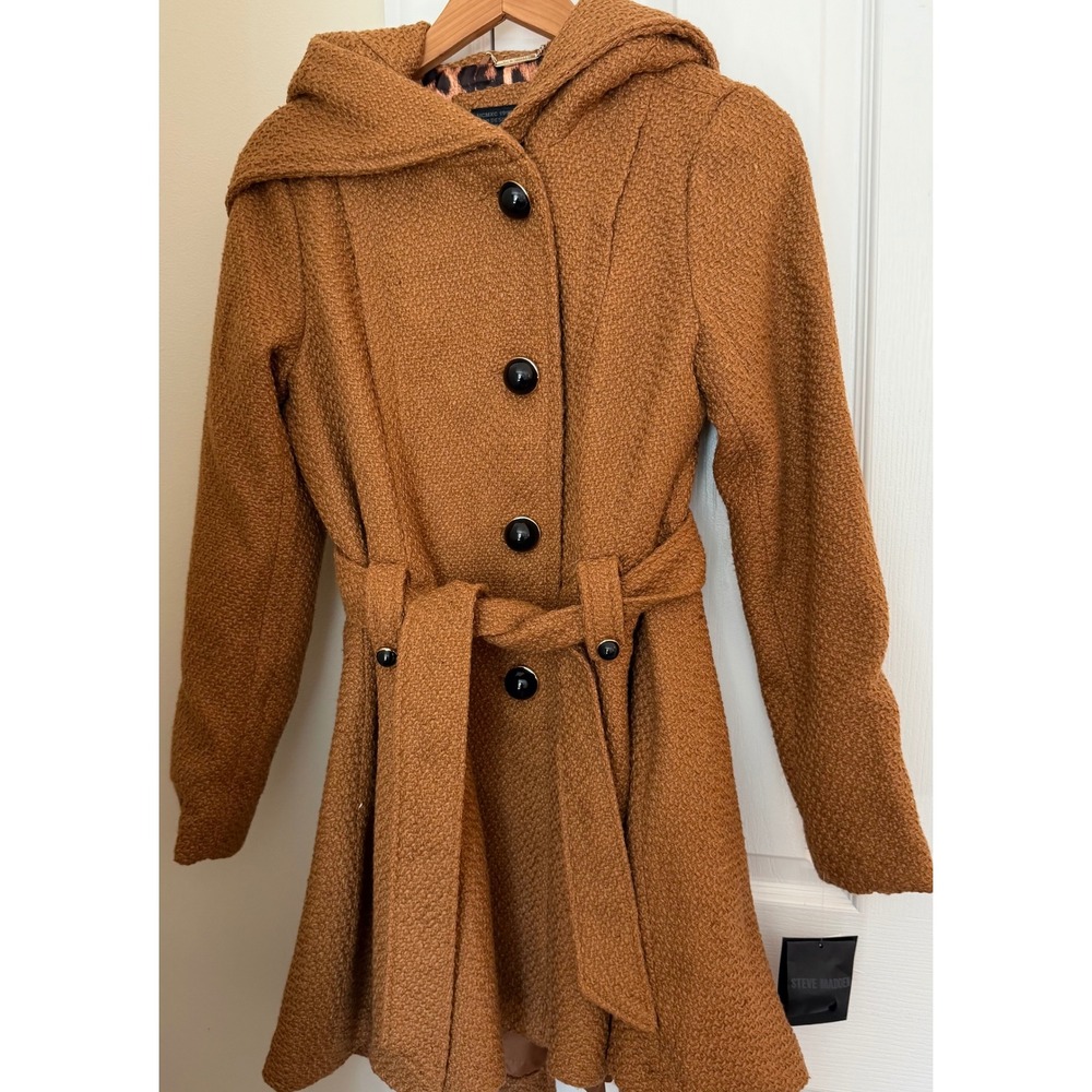 Steve Madden Womens Camel Textured Hooded Belted Pea Coat OLA1503LL Small